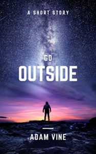 Go Outside by Adam Vine book cover. Image on cover shows someone standing on a rock while looking at a beautiful sunset and the beginning of a bright starry sky at night. 