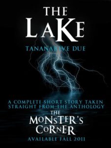 The Lake by Tananarive Due book cover. Image on cover is of lightning striking a lake in the middle of the night. 