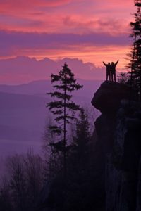 Two people hugging sideways as they stand on the side of a cliff at sunset and look at the peaceful forest below them.