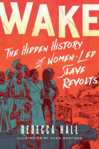 Wake- The Hidden History of Women-Led Slave Revolts  by Rebecca Hall book cover. Image on cover is a drawing of eight slaves standing on a hill as they watch a city begin to burn. 