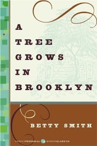 A Tree Grows in Brooklyn by Betty Smith book cover. Imge on cover is a drawing of a large tree by a wooden house. 