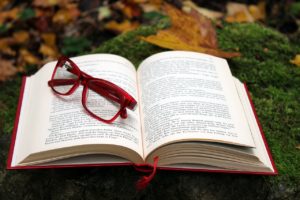 A red pair of glasses sitting on top of an opened book. The book has a red cover and is sitting on a pile of moss and autumn leaves. 