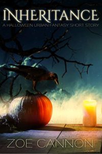 Inheritance - A Halloween Urban Fantasy Short Story by Zoe Cannon book cover. Image on cover is of a crow sitting on a pumpkin next to a lit candle. There is a bare tree in the background. 