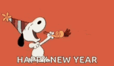 Snoopy blowing a streamer and saying Happy New Year. 