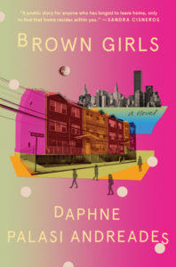 Brown Girls by Daphne Andreades book cover. Image on cove shows figures walking away from an  apartment building that is bathed in pink and orange light. 