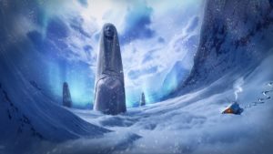 Stock photo of a gigantic stone statue covered in snow and ice. It’s sitting in a valley next to a small cabin that has smoke coming out of its chimney and one light glowing from a window. 