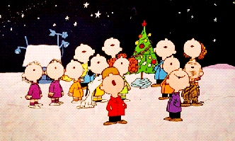 Snoopy characters caroling. 