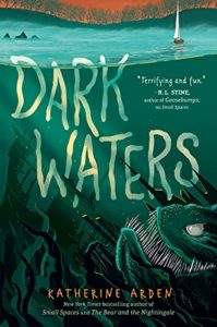 Dark Waters by Katherine Arden book cover .Image on cover shows a gigantic fish swimming up to the surface of a lake as boats peacefully float on top of the water. 