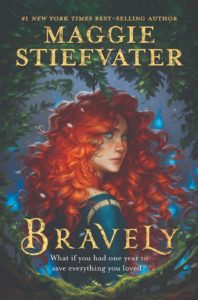 Bravely by Maggie Stiefvater book cover. image on cover shows Meridia from Brave with her curly red hair tumbling down her shoulders. 
