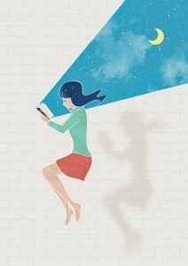 Drawing of dark-haired woman reading a book. An evening sky scene streams from the open book onto the white surface behind her. 