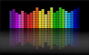 A stereo audio equalizer showing a rainbow visualization of a beat. 