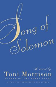 Song of Solomon by Toni Morrison book cover. There is no image on the cover, just a pretty, blue background. 