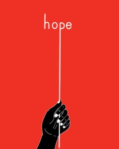 Drawing of a hand holding on a piece of string that’s connected to the letter P in the word Hope. 