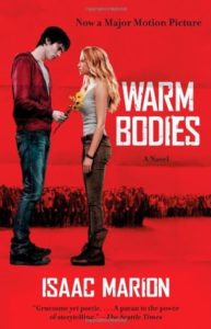 Warm Bodies (Warm Bodies, #1) by Isaac Marion Book cover. Image on cover shows a zombie giving a bouquet of yellow flowers to a living teen girl. 