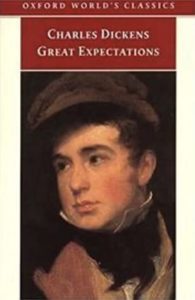 Great Expectations by Charles Dickens book cover. Image on cover is an oil painting of a young 19th century man wearing a cap and looking serious. 