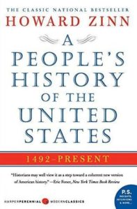 A People's History of the United States by Howard Zinn book cover. There is no image on the cover other than a few decorative swoops of the pen next to the letter A in the title. 