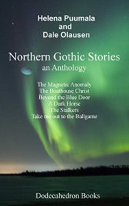 Northern Gothic Stories by Helena Puumala and Dale Olausen book cover. Image on cover shows green and yellow Northern Lights in the sky at night over a flat plain. There are a few mountains in the distance, too. 