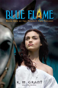 Blue Flame (Perfect Fire Trilogy, #1) by K.M. Grant book cover. Image on cover shows a young woman with loosely curly brown hair standing outside by the ocean during a storm. 