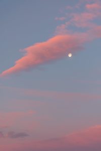 Pink clouds floating through the sky near a full moon at either sunrise or sunset. 