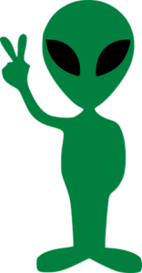 A little green alien flashing a peace sign. 