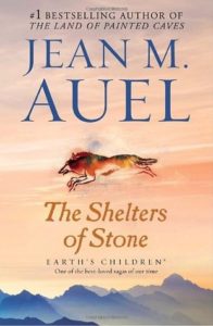 The Shelters of Stone (Earth's Children #5) by Jean M. Auel book cover. Image on cover shows a drawing of a deer running. it is sketched onto a cave wall. 