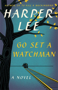 Go Set a Watchman by Harper Lee book cover. Image on chover shows a drawing of a train travelling down an empty track at dusk. There is a tree filled with golden leaves near the track. 