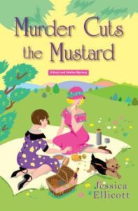 Murder Cuts the Mustard by Jessica Ellicott book cover. Image on cover shows drawing of two women and a dog enjoying a picnic in a park. 