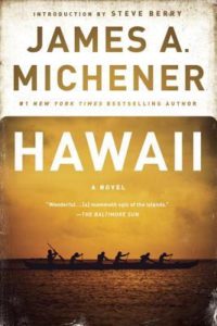 Hawaii by James A. Michener book cover. Image on cover shows six Hawaiians paddling together in the same boat in the ocean at sunset.
