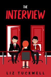 The Interview by Liz Tuckwell book cover. Image on cover shows a drawing of a red headed woman being interviewed by two black-haired people. There is one red ajar door behind the person on the left and one closed door behind the person on the right. 