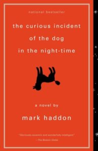 The Curious Incident of the Dog in the Night-Time by Mark Haddon book cover. Image on cover shows a black upside down dog against a red backdrop. 