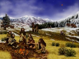 A painting of a Neanderthal family enjoying a fire on a prehistoric plain as a mammoth walks by. 