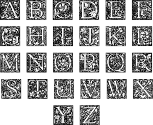 Every letter in the alphabet written in a highly stylized, medieval font filled with flowers and other thriving plants. 