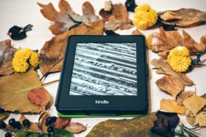 A kindle surrounded by leaves, acorns, and yellow autumn flowers. 