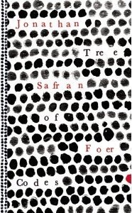 Tree of Codes by Jonathan Safran Foer book cover. Image on covers shows dozens of black spots in rows. Where there are no spots, a typographic version of the title is written. 