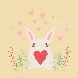 A drawing of a little white rabbit standing on it’s hind legs in a garden or meadow. The rabbit is standing on it’s hind legs and holding a red heart. About a dozen little pink hearts are rising up from the bunny and into the yellow background. 