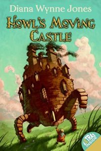 Howl’s Moving Castle (Howl’s Moving Castle, #1) by Diana Wynne Jones book cover. image on cover shows a drwaing of a house that has legs and is walking across a green field. 