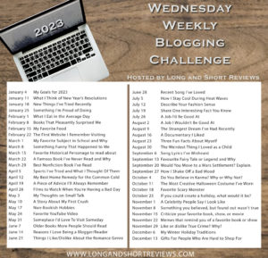 The image shows a laptop sitting on a wooden table. The text shares the blogging topics for the 2023 Wednesday Weekly Blogging Challenge. Please read my post in full to learn what the topics are. 