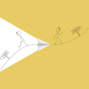 Two stick figures are standing on a line that’s supposed to represent a hill. One character is walking down the hill towards a white portion of the page where there is a sign that has “2022” written on it. The other character is looking up towards a sign that says “2023” and walking up the hill on the yellow portion of the image. 