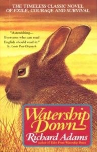 Book cover for Watership Down (Watership Down, #1) by Richard Adams. Image on cover is a sketch of a little brown bunny sitting in a field of wheat (or some similar ripe yellow grass) with his ears turned back as he solemnly surveys the landscape. You can see a forest in the distance. 