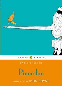 Book cover for Pinocchio by Carlo Collodi. Image on cover shows a drawing of Pinocchio after he’s lied. His nose is about two feet long and two little leaves have sprouted from the tip of it, one yellow and one orange. 