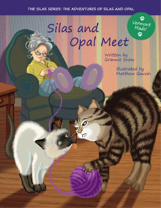 Book cover for Silas and Opal Meet by Grannie Snow. Image on cover shows a drawing of a white-haired senior white woman sitting and knitting something purple in an overstuffed green chair. On the wood floor in front of her are two cats, one black and brown striped and one white, who are sniffing each other. The black and brown striped cat is holding on to the same ball of purple yarn the woman is using and refusing to share it. 