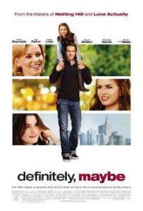 Film poster for the 2008 romantic comedy “Definitely, Maybe”. The poster shows Ryan Reynolds carrying Abigail Breslin on his shoulders. Rachel Weisz, Elizabeth Banks, and Isla Fisher(his three love interests in the film) are shown smiling, each in their own third of the poster as a cityscape, some yellow glowing lights, and a city forest scene complete the visual arrangement. The title is written at the bottom of the poster. 