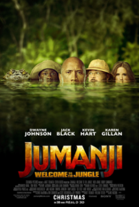 Film poster for Jumanji: Welcome to the Jungle. In it you see Dwayne Johnson, Jack Black, Kevin Hart, and Karen Gillan standing in a swamp in a jungle that covers them up to their chins. They are all looking suspiciously around at the jungle to see what might sneak up on them. 