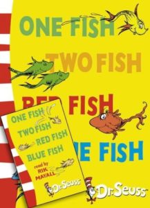 Book cover for One Fish, Two Fish, Red Fish, Blue Fish by Dr. Seuss. Image on cover shows two green fish, one red fish, and one yellow fish swimming against a yellow background. All fish have been drawn in an exaggerated and whimsical style. 