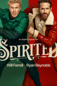 Film poster for Spirited. Will Ferrell is on the left hand of the poster wearing a green suit and looking like he’s about to leap out of the poster. Ryan Reynolds is on the right hand of the poster wearing a red suit with white trim on it also looking like he’s about to leap out of the poster. They are both standing with wide leg stances and have their right arms bent at the elbow in front of them while their left arms are moving back for momentum. It’s like they’re skating or something! 