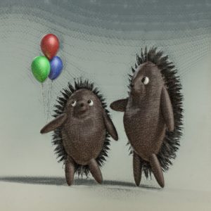 Drawing of two hedgehogs standing on their hand legs. One of them is holding one red, one green, and one blue balloon with it’s right paw as both hedgehogs look at the balloons with content expressions on their faces.