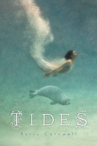 Book cover for Tides by Betsy Cornwell . Image on cover shows an Asian mermaid who has just plunged deeply into the ocean. You can see a plume of water and air rising up to the surface behind her as she joyfully begins to turn away from a manatee at the bottom of the shallow ocean flor and swim upwards again. 
