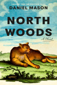 Book cover for North Woods by Daniel Mason. Image on cover is a painting of a mountain lion lying on a grassy meadow and staring at something or something that is just out of the viewer’s range. 