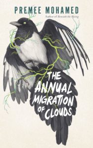 Book cover for The Annual Migration of Clouds by Premee Mohamed. Image on cover shows a drawing of a grey and white bird that has a green fungus of some sort growing on it’s feathers and body. 
