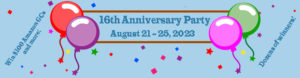 Banner for the 16th Anniversary Party for the renowned book review site, Long and Short Reviews. Text on the blue banner reads: “16th Anniversary Party. August 21-25, 2023. Win $100 Amazon GC’s and more! Dozens of winners.” There are four balloons floating next to the text and little stars and confetti strewn throughout it as well to give it a celebratory feel as most book blogs don’t last this long! 